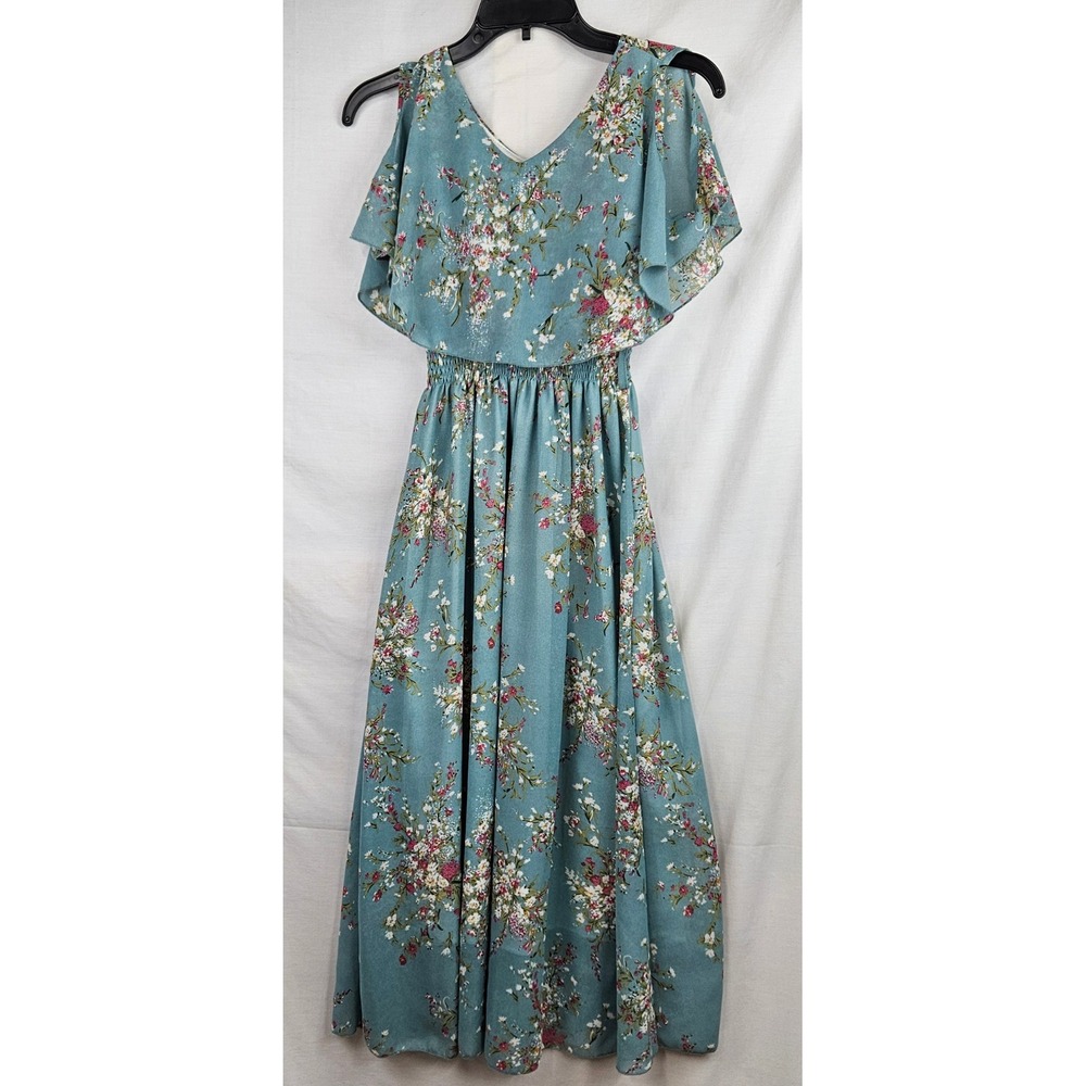 Floral Ruffle-Sleeve Maxi Dress in Dusty Teal